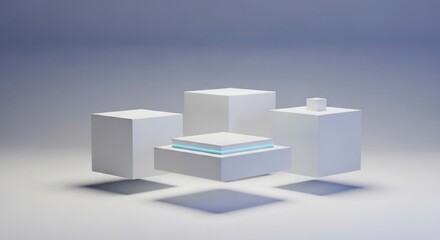Abstract geometric white cubes and cuboids with a blue translucent element on a clean studio background.