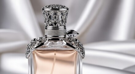Exquisite perfume bottle with ornate silver details and a luxurious presentation
