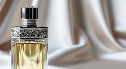 Elegant perfume bottle with intricate metalwork against a silky background