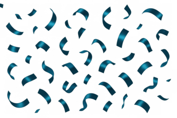 Metallic blue ribbons cascading freely, symbolizing celebration and festivity with elegant, dynamic movement against transparent surface