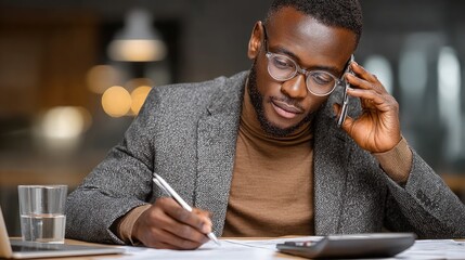 Focused businessman talking on phone while reviewing financial documents and using calculator in modern office setting, conveying productivity and professionalism