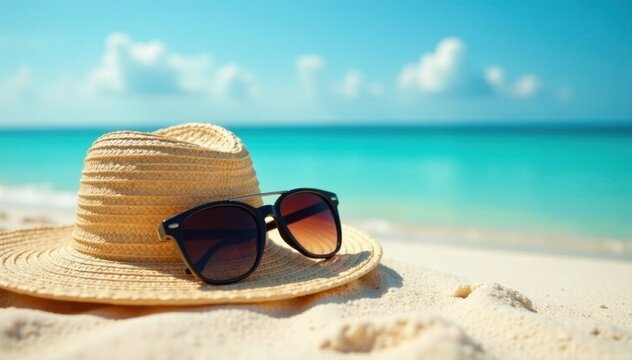 Straw hat and sunglasses on sandy beach, ocean view, photography, sky