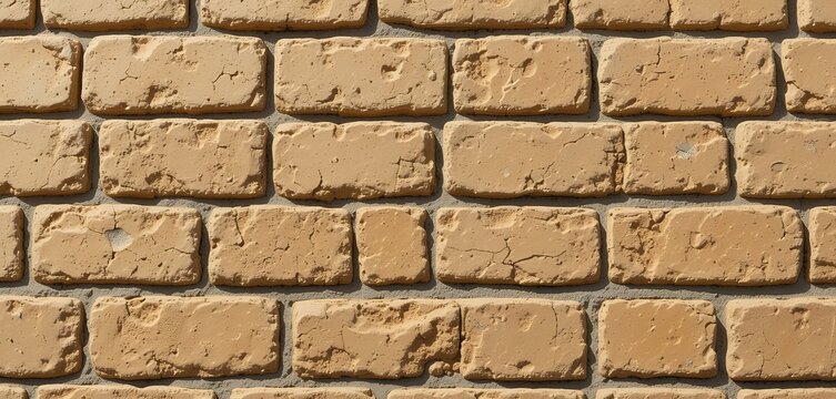 close up view of a textured beige brick wall with weathered and cracked surface showcasing rustic