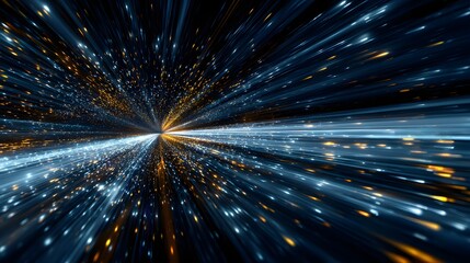 Fototapeta premium Flying through a high-speed stream of data particles, a concept for internet, speed, and technology 