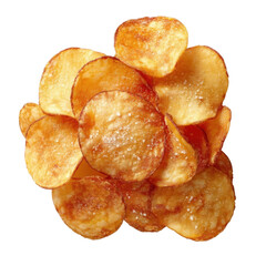 Crispy Golden Potato Chips Piled High on a White Background