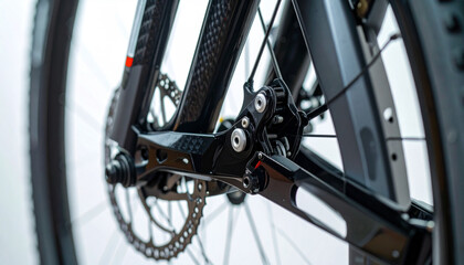 Precision Wheel and Braking System: A close-up perspective of a high-performance bicycle's rear wheel showcases the intricate details of the disc brake system.