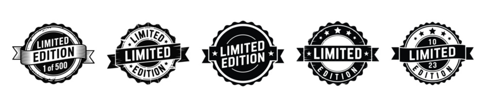 Collection of five black and white limited edition badges and seals