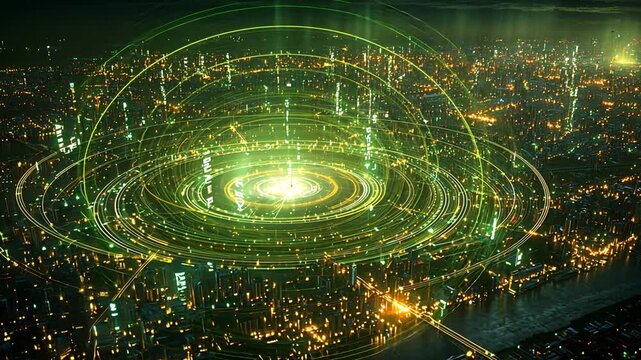 Aerial view of futuristic cityscape with glowing buildings and green data streams for digital network smart system high-tech innovation night technology urban connection concept