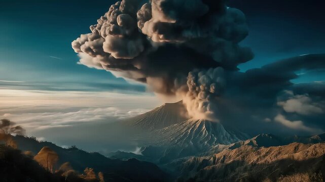 Powerful volcanic eruption releasing massive ash cloud over rugged mountain landscape
