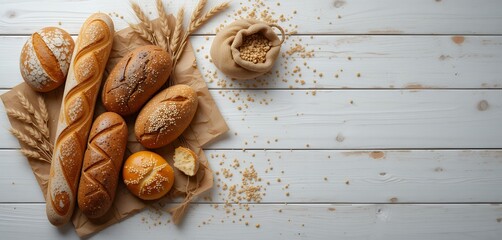 Variety of freshly baked artisanal breads displayed with wheat and grains on rustic white wooden