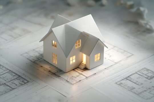 Dream home blueprint with illuminated model showcasing architectural design and construction planning - Powered by Adobe