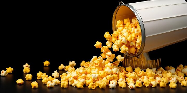 Golden yellow popcorn spills from a bucket onto a black background, showcasing diverse flavorings,   colorful,   still life