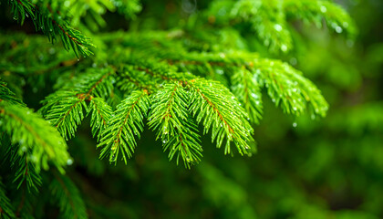 Detailed View of Wet Green Evergreen Branch With Water Droplets