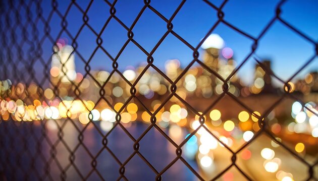 City lights through chain link fence at night - Powered by Adobe