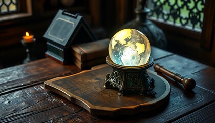 Ancient grimoire, glowing crystal orb rest on aged wooden table Ample copy space,  shine,  spirituality