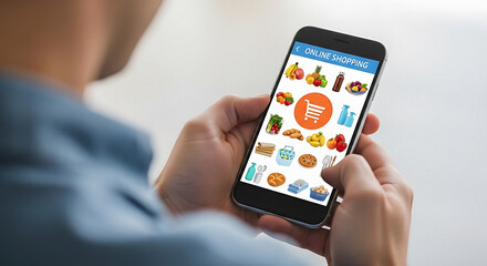 Person conveniently shops for groceries and household items using a mobile application on a smartphone.