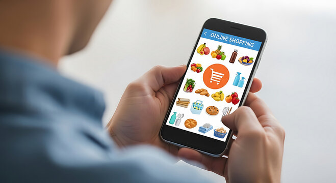 Person conveniently shops for groceries and household items using a mobile application on a smartphone.