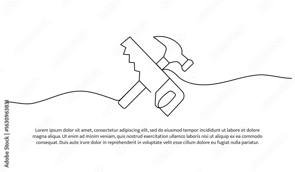 Poster continuous line design of hammer and saw. single line decorative element drawn on white.