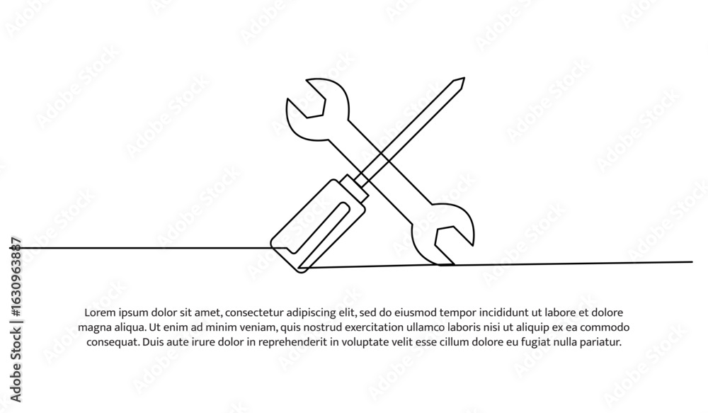 Poster continuous line design of screwdriver and wrench. single line decorative element drawn on white.
