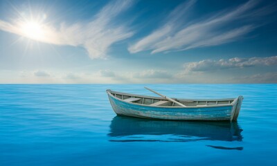 Fototapeta premium Serene Seascape with Small Boat and Sunshine