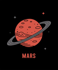 Stylized Mars Illustration – Red Planet with Craters and Ring on Black Background with Stars for Cosmic and Sci-Fi Merchandise
