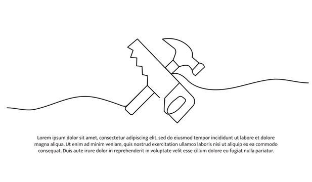 Continuous line design of hammer and saw. Single line decorative element drawn on white.