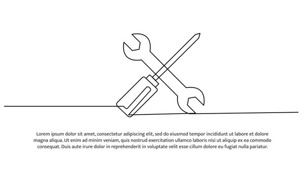 Continuous line design of screwdriver and wrench. Single line decorative element drawn on white.