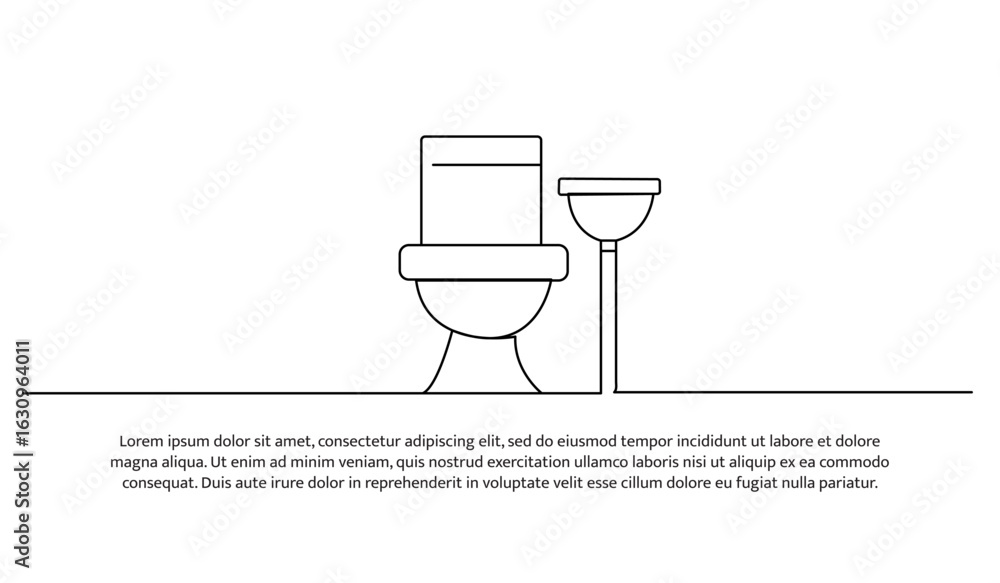 Poster continuous line design of plunger and sitting toilet. single line decorative element drawn on white.