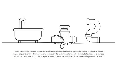 Continuous line design of repair of faucet pipe in bathtub. Single line decorative element drawn on white.