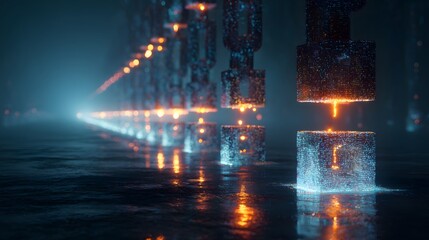 A cinematic render of a glowing digital block chain, a concept for blockchain technology, cryptocurrency, and DeFi