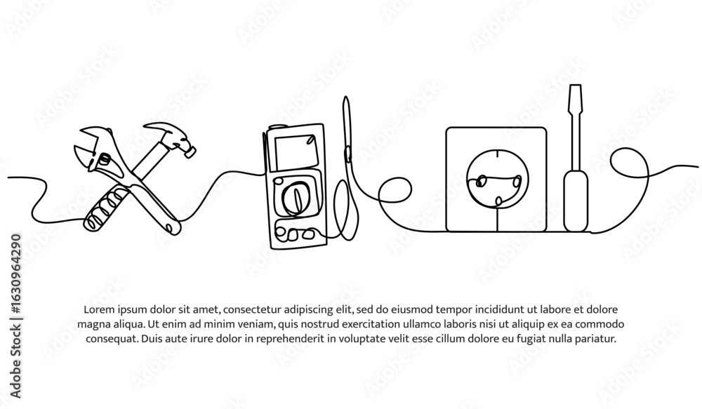 Poster continuous line design of repairing a power outlet using a screwdriver and soldering iron. single li