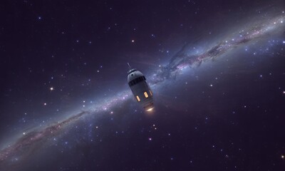 Naklejka premium Spacecraft traveling through the cosmos amidst a vibrant nebula and distant stars