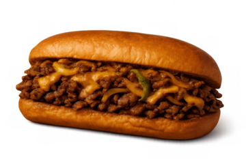 Messy sloppy joe sandwich featuring ground beef, melting cheese, green pepper slices on toasted bun, isolated on transparent background