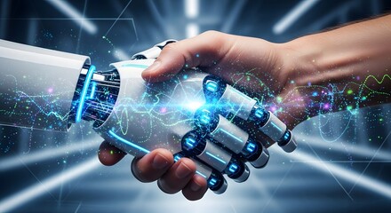 A human hand shaking a robotic hand with digital effects and blue lighting