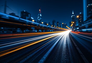 Dynamic long exposure urban highway lights creating vibrant streaks under city skyscrapers at night