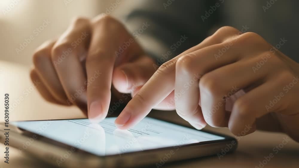 Poster woman's hand tapping and swiping a mobile phone touchscreen close up. detail shot of finger interact
