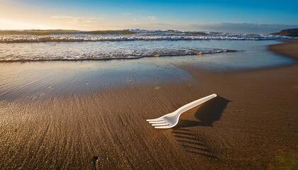 plastic fork discarded on a sandy beach