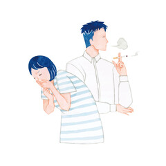 妊娠 マタニティ　つわりに苦しむ妊婦とタバコを吸う夫　水彩 イラスト