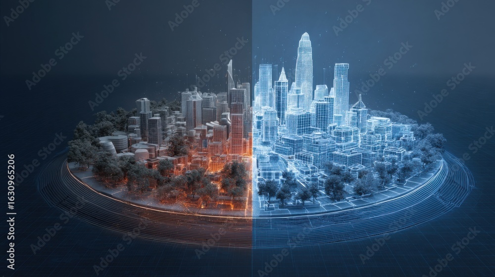 Poster a splitscreen digital scenario showing a city before and after implementing circular economy strateg