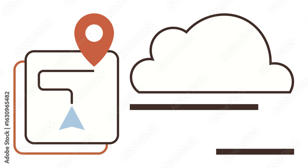 Poster map marker, route with direction arrow, and cloud icon symbolize navigation, connectivity, data stor