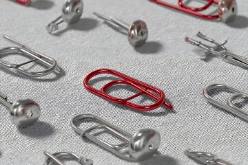 Stand out with a vibrant red paperclip among silver office supplies, symbolizing uniqueness and creativity.