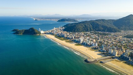 Panoramic aerial view of Matinhos and Caiobá, Paraná coast, on a clear summer day.