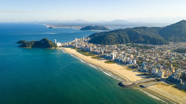 Panoramic aerial view of Matinhos and Caiob&aacute;, Paran&aacute; coast, on a clear summer day.