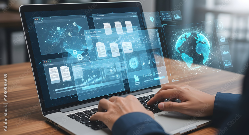 Poster laptop user typing with teal data visualization overlay