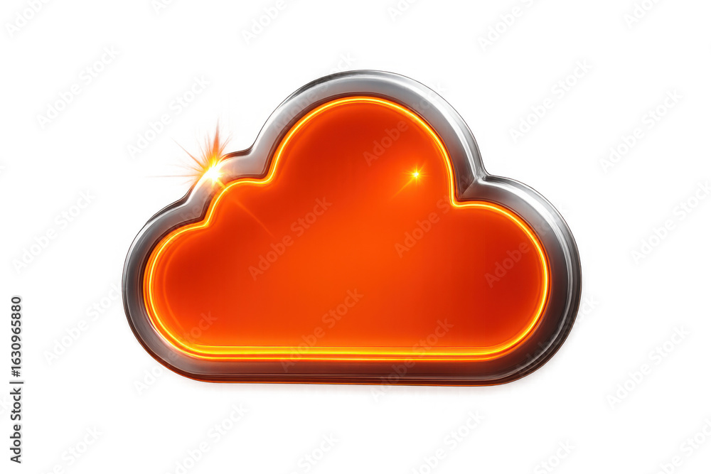 Poster orange cloud computing icon glowing with metallic silver frame on a transparent background, ideal fo