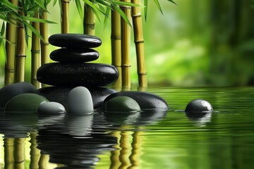 Obraz premium A serene wellness spa featuring natural bamboo decor and stones.