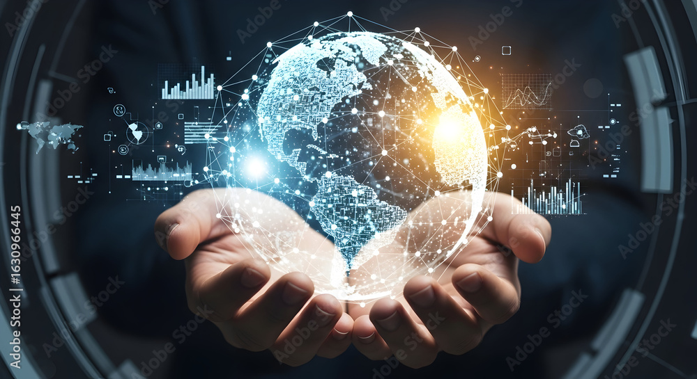 Aufkleber digital globe held in hands with glowing data overlay