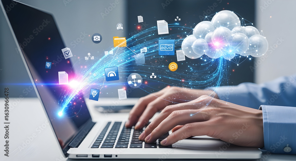Poster typing hands on laptop with abstract cloud and data flow