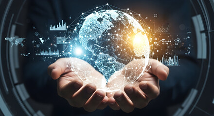 Digital Globe Held in Hands with Glowing Data Overlay