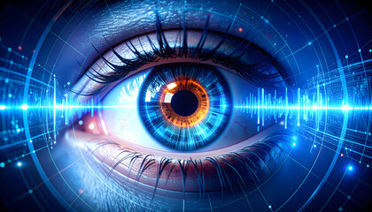 Macro View of Eye with Digital Data Visualization in Blue and Orange